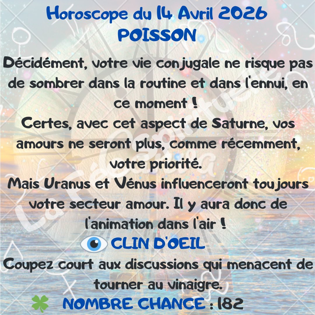 feespirituelle's tweet image. Votre horoscope pour ce mardi 14 Avril 2026.
#TAUREAU #CAPRICORNE #BALANCE #POISSON
🔮 lafeespirituelle.fr🔮
