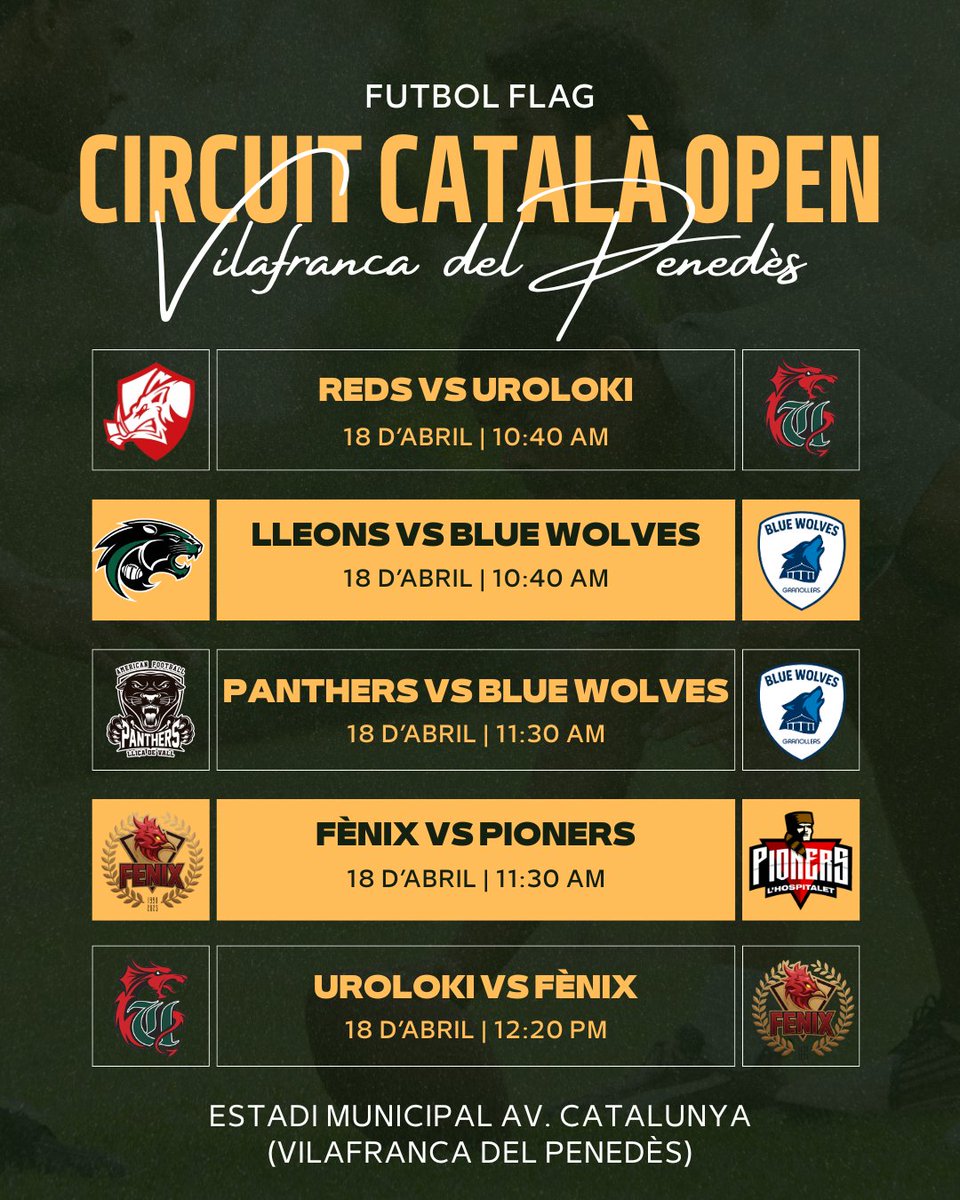 FCFAtwi's tweet image. 🏈 AGENDA CAP DE SETMANA 🏈

🏆 Circuit Català Open #FutbolFlag

📆 Dissabte 18 d'abril
⌚ 09:00h
🏟️ Vilafranca del Penedès

#FCFA #flagfootball #CCFFOpen @esportcat @UFECcat @pioners @barberarookies @Uroloki @granollersfenix #GranollersBWolves @CFAPanthers_ @terrassareds #Lleons