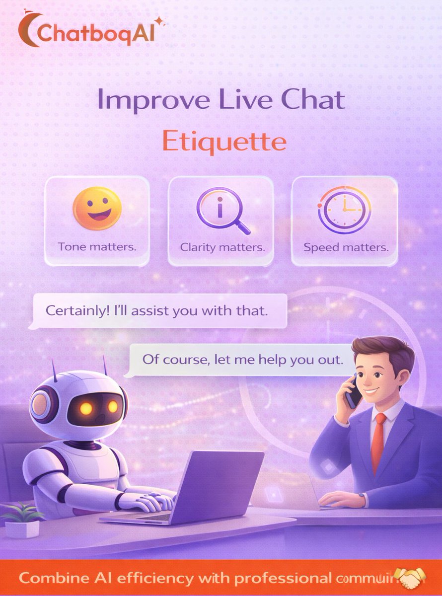 ChatboqAI's tweet image. Good support = Tone + Clarity + Speed ⚡

Make every chat feel helpful, human, and fast.

AI can scale it. You just need the right system.

🌐 chatboqai.com

#AI #CustomerSupport #SaaS #Chatbots