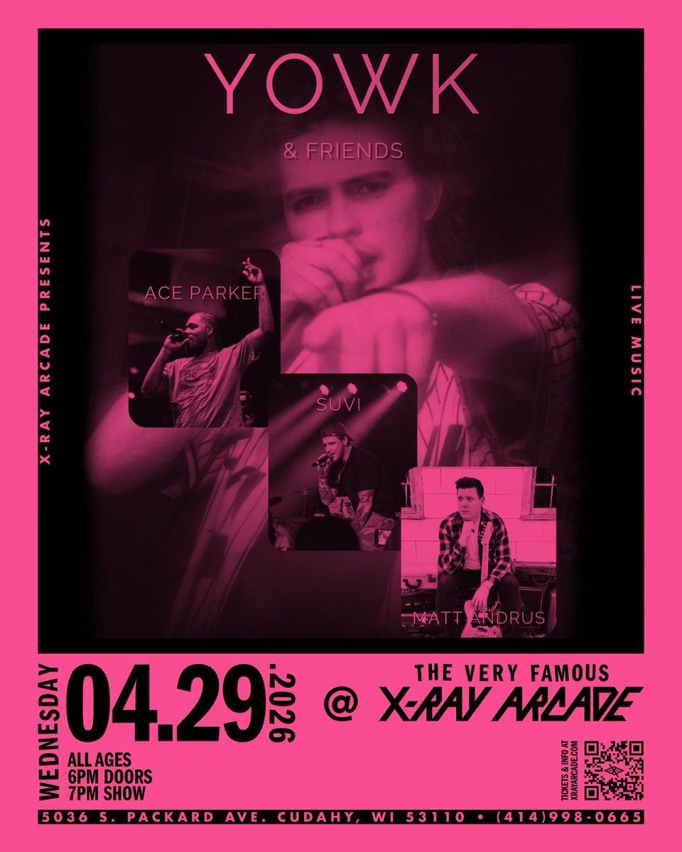 MILWAUKEE!!! 🕹️

04.29 • <a href="/xrayarcade/">The Very Famous X-Ray Arcade</a> 

first show in the city. first time at x-ray 🎮

pulling up with <a href="/yowkmusic/">YOWK</a> &amp; friends
<a href="/aceparkerr/">Ace Parker</a> + more

all ages. doors at 6pm. show at 7pm.

let’s pack this out 😈🔥

🎫 tickets:
etix.com/ticket/p/42897…

#milwaukee #milwaukeemusic