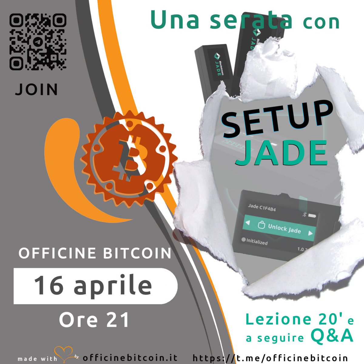 SatoshiSpritzPP's tweet photo. 🗓 giovedì 16, in diretta sul canale Telegram di Officine Bitcoin, breve lezione dedicata al setup base di @Blockstream Jade. Online, ore 21.00🕘        ⤵️
https://t.co/Seoqz4ZIvl https://t.co/Zi9YsiTImW
