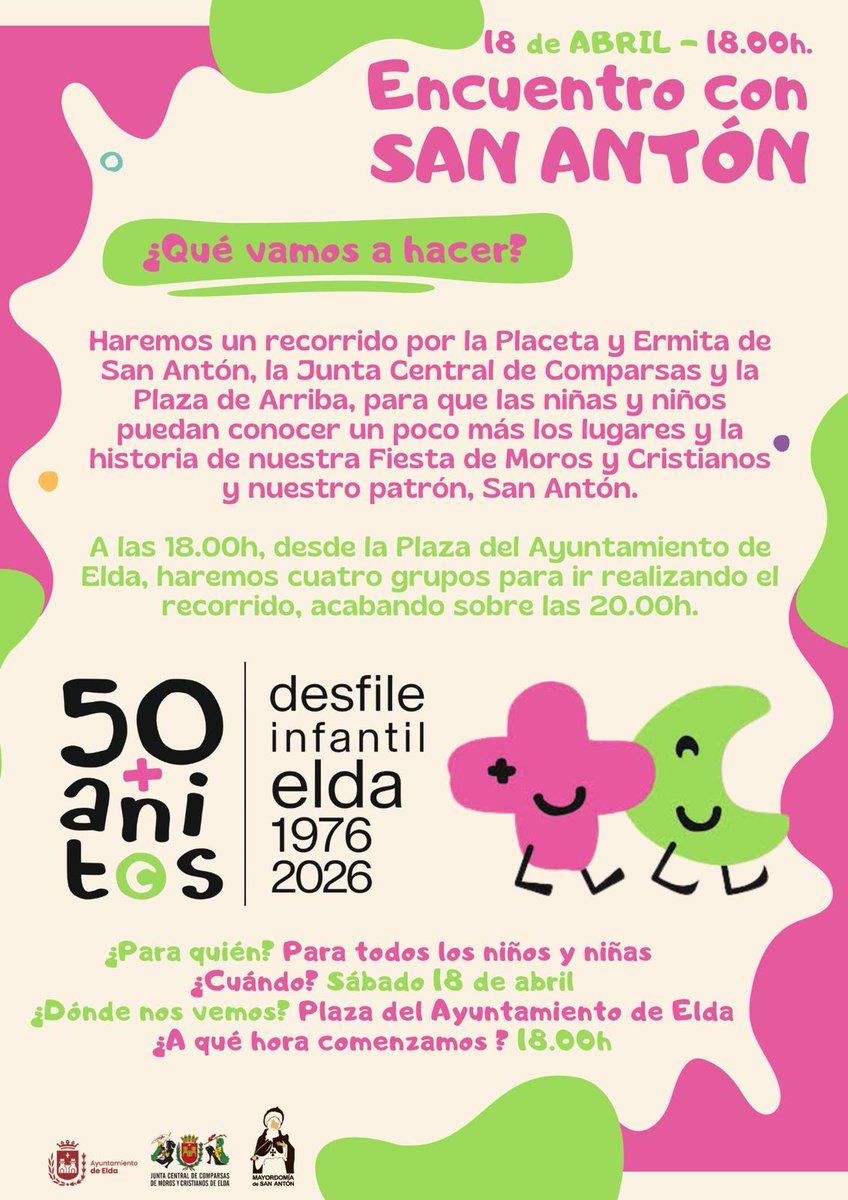 😍 Tenemos el próximo fin de semana cargado de actos conmemorativos del 5️⃣0️⃣ aniversario de nuestro Desfile Infantil. 

➡️ El sábado 18 de abril,  a partir de las 18:00, tendrá lugar un encuentro de los niños y niñas con San Antón. 
¡OS ESPERAMOS!