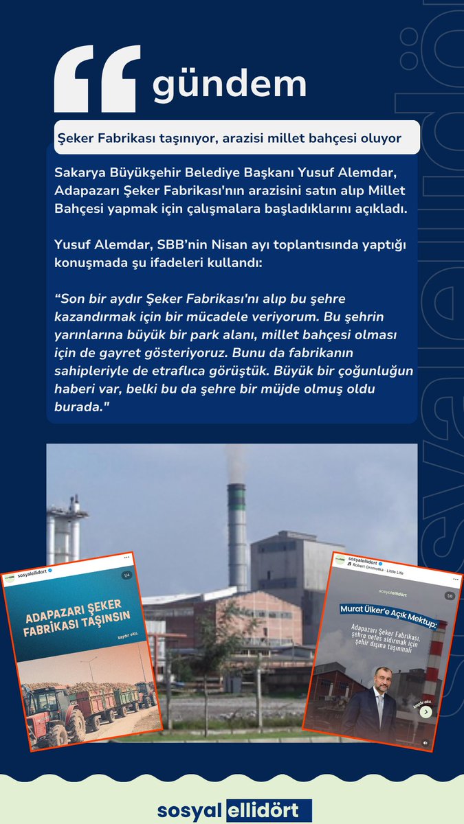 Sakarya Büyükşehir Belediye Başkanı Yusuf Alemdar açıkladı:

Adapazarı Şeker Fabrikası'nın Pamukova'ya taşınması, mevcut arazisinin ise millet bahçesi olması için çalışmalar yapılıyor