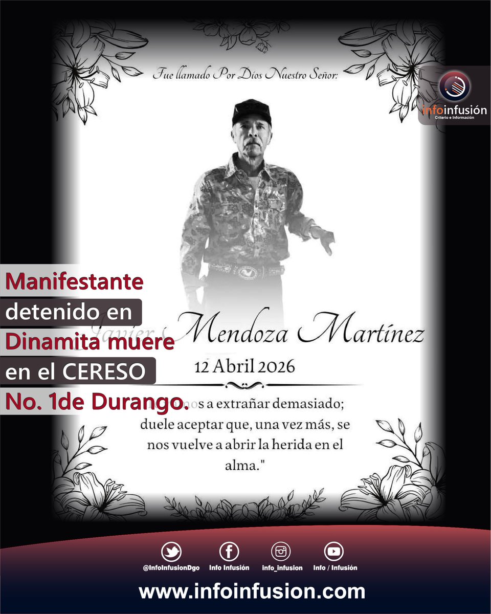InfoInfusionDgo's tweet photo. ⭕️|| Muere en el CERESO uno de los detenidos en Dinamita #Durango #ComarcaLagunera

Integrantes del Frente Unido de los Pueblos de la Laguna denuncian falta de notificación oficial y exigen esclarecer condiciones del deceso. https://t.co/3PTei0BkaY