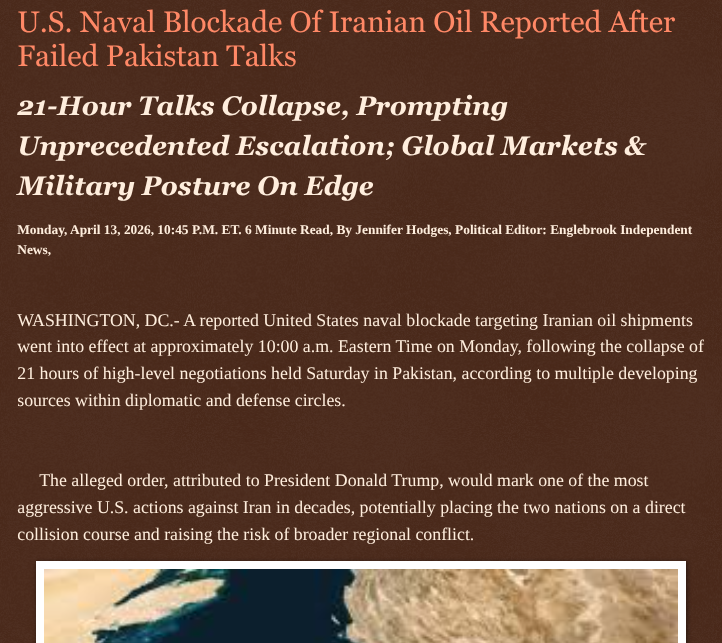 ArtFletcher9's tweet photo. U.S. Naval Blockade Of Iranian Oil Reported After Failed Pakistan Talks https://t.co/3HCiXiUu7b via @Englebrooknews #UnitedStates #USNaval #Blockade #StraitHormuz #PresidentTrump #failed #talks #IranWar @wireless_step @HRG_Media @LodiNJNews @Fordmb1953 @SarahGeving1 @Shannon96574094 @DanCook26214426 @Daytobehappy @janninereid1 @gator4kb18 @TrumpWasRite2 @KathyKbrose @RobGerundo @JimBobW49