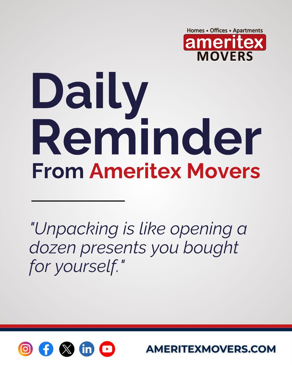 AmeritexMovers's tweet image. Think of unpacking as a gift to your future self. Let Ameritex handle the heavy lifting so you can enjoy the "presents." #AmeritexMovers #UnpackingTips #HoustonMovers #NewHome