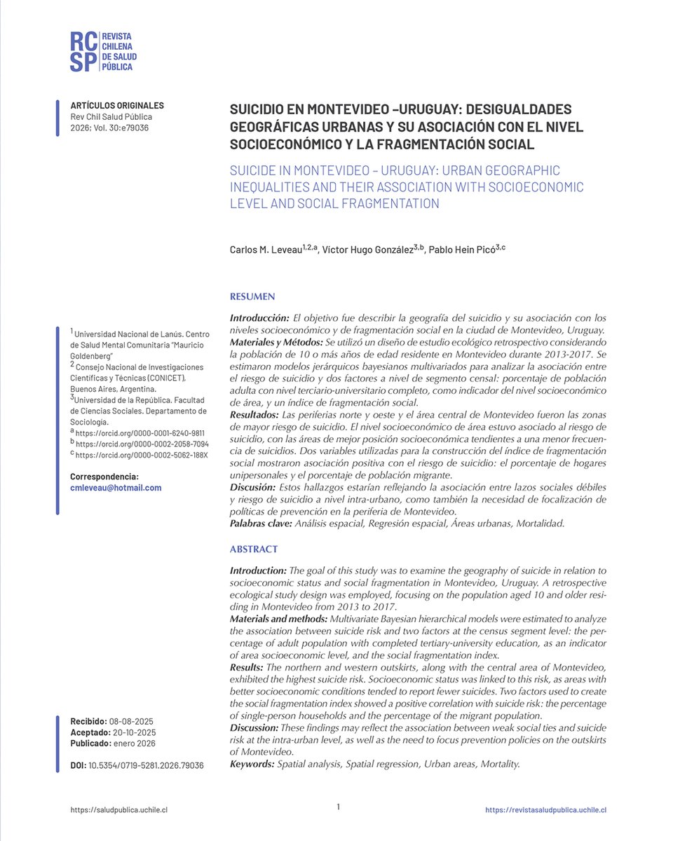 ¿Cómo influye el entorno urbano en la salud mental? 🧠 El Vol. 30 de la Revista Chilena de Salud Pública presenta un estudio sobre el suicidio en Montevideo y su nexo con la fragmentación social y el nivel socioeconómico. 🇺🇾📚
Aquí: revistasaludpublica.uchile.cl/index.php/RCSP…
<a href="/uchile/">Universidad de Chile</a> <a href="/sisibuchile/">SISIB U. de Chile</a>