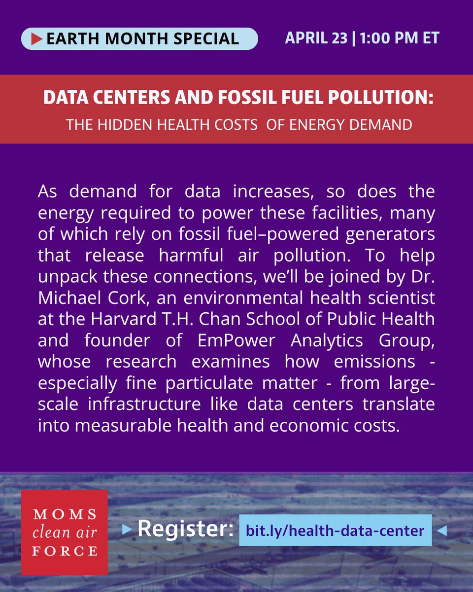 CleanAirMoms's tweet image. What’s powering your data? It might be harming your health ➡️ Join us this #earthmonth to uncover the hidden pollution behind data centers - and what it means for our communities - with insights from Harvard environmental health scientist Dr. Michael Cork.

#datacenters