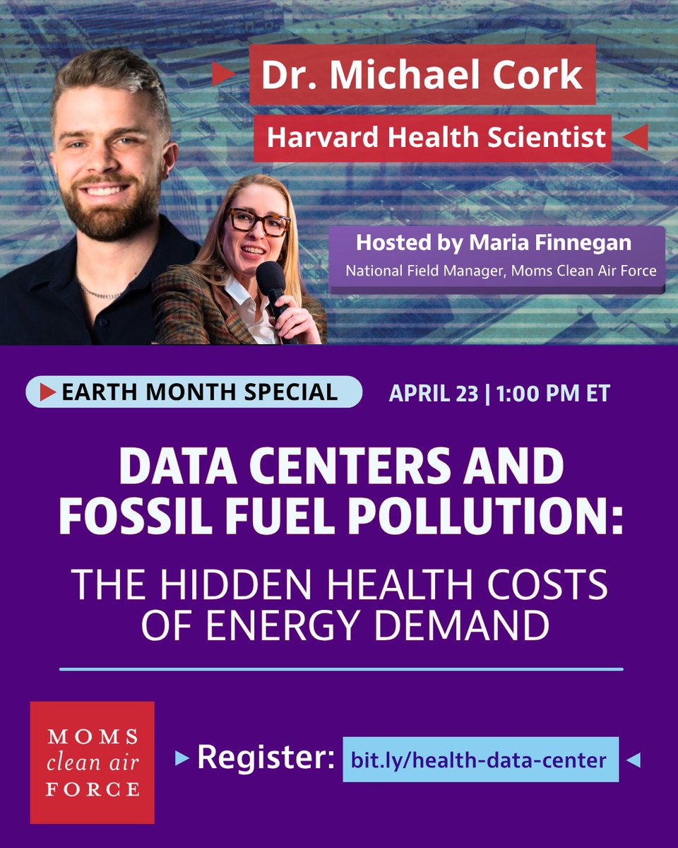 CleanAirMoms's tweet image. What’s powering your data? It might be harming your health ➡️ Join us this #earthmonth to uncover the hidden pollution behind data centers - and what it means for our communities - with insights from Harvard environmental health scientist Dr. Michael Cork.

#datacenters