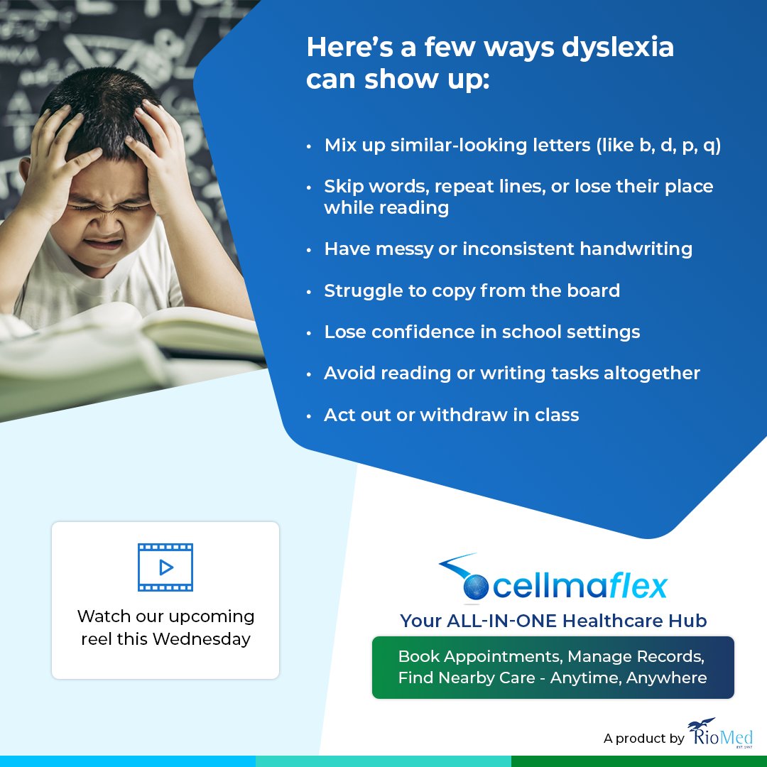 RioMed's tweet image. Spotting dyslexia signs early can change a child’s learning journey. With CellmaFlex, support becomes easier to access and more connected.

#DyslexiaSigns #CellmaFlex #EarlyIntervention #DigitalHealth #LearningDifficulties #ChildDevelopment #InclusiveCare