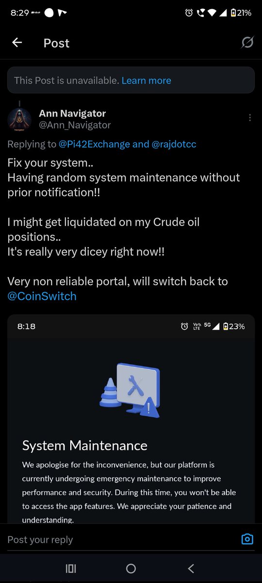 Ann_Navigator's tweet photo. @Pi42Exchange @rajdotcc @CoinSwitch @SEBI_India @RBI @Pi42Exchange 
Blocking me on X won't resolve your system issue..

You should learn to take responsibility!! https://t.co/XovmsfVoKG