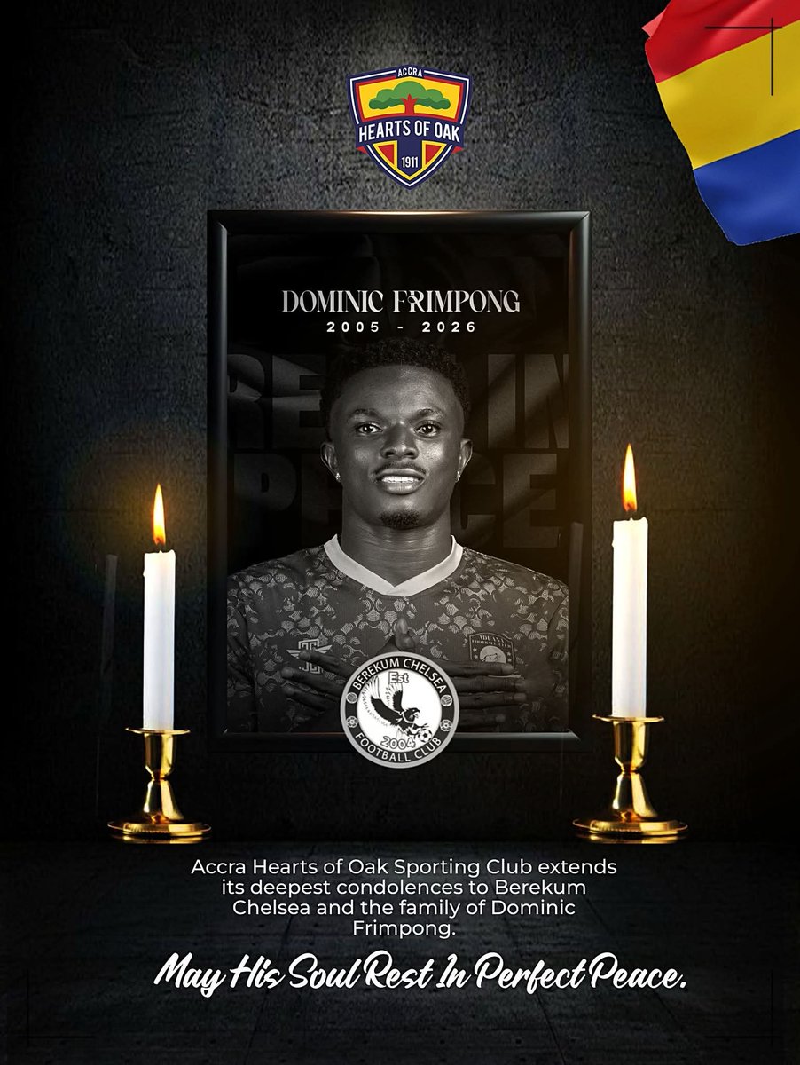 deOptimistor's tweet photo. Accra Hearts of Oak Sporting Club extends our heartfelt condolences to Berekum Chelsea and the family of Dominic Frimpong.

In this difficult time, we stand with you in grief and solidarity.

May his soul rest in perfect peace. 🕊️ https://t.co/SfNkTt2Wir