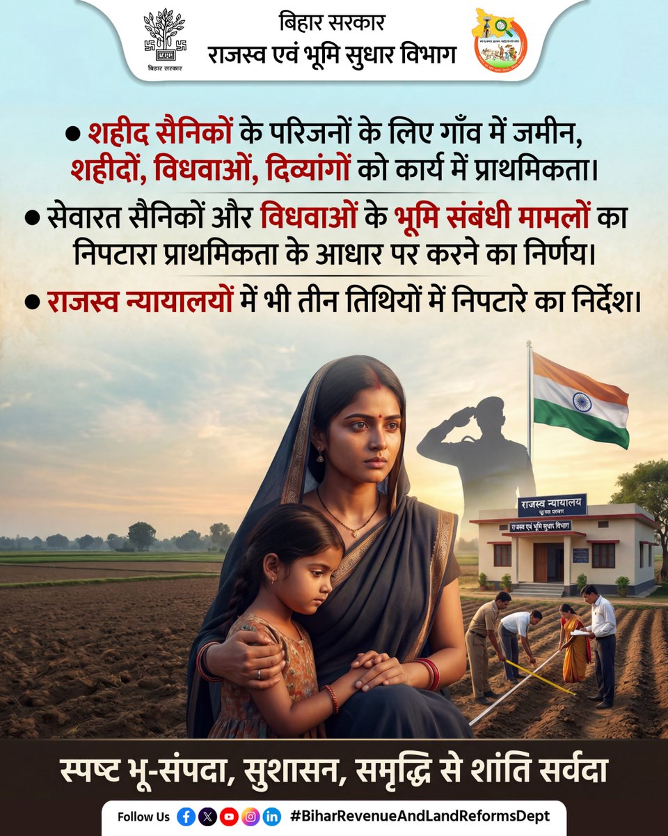 BiharRevenue's tweet image. सेवारत सैनिकों और विधवाओं के भूमि संबंधी मामलों का निपटारा प्राथमिकता के आधार पर करने का निर्णय।

@IPRDBihar 

#Soldiers #LandSolutions
#Rights #BiharBhumi 
#BiharRevenueAndLandReformsDept