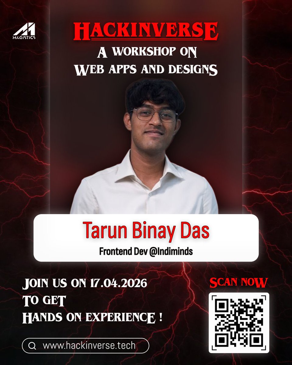 HackInverse_in's tweet photo. HACKINVERSE is not just a hackathon. It’s where builders level up.

Kicking off with an exclusive hands-on Web Apps &amp; Design workshop, for those who actually build.

🎤 Speaker: Tarun Binay Das (Frontend Dev @Indimindstech)
🗓 17 April 2026

#Magistics #Hackinverse https://t.co/Xr6gljNDvx
