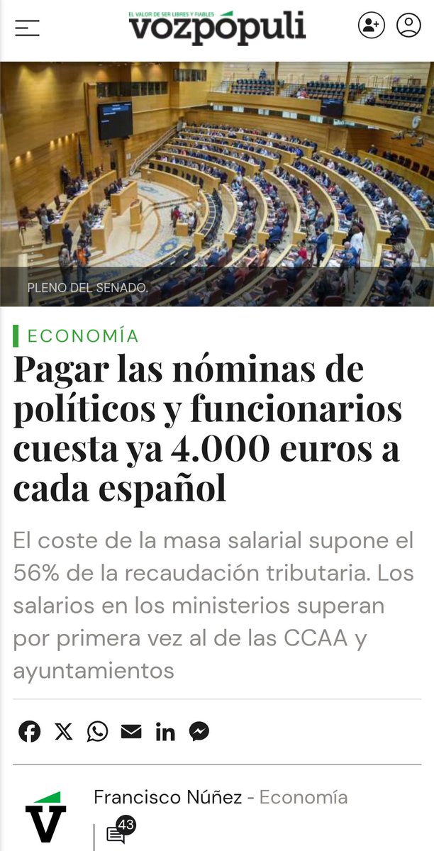 🇪🇸 ESPAÑA.

🔴 🗞 Pagar las nóminas de políticos y funcionarios cuesta ya 4.000 euros a cada español.

🔴✒️ Los ciudadanos españoles tenemos derecho a exigir tener un país que funcione bien y sin corrupción.

💧Sentido común.