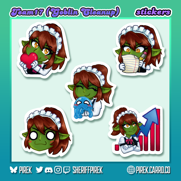 SheriffPirek's tweet photo. So excited to share this one aaaaaaaaah✨
I had a rare oppurtunity to create stickers from my emotes for one of my favorite games - @GoblinCleanup 🧹

Thank you so much @Team17 for your trust it was a joy to make something for all the gobbos 🥰 https://t.co/BemA1FR9xF