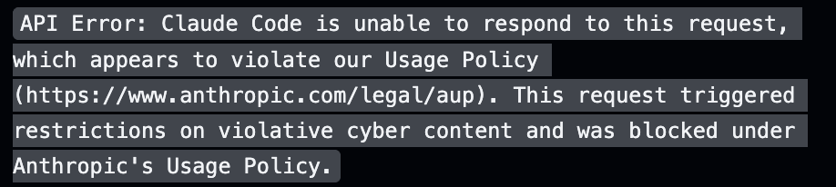 vigilance_one's tweet photo. Stuck in a Claude Code Policy Violation loop?  This has been happening all of a sudden today.

Here's the fix:

1. Open a new Claude Code chat in the same project
2. Paste the prompt below and change the part "[TYPE THE NAME OF YOUR CHAT HERE]" to the name of your chat.
3. Hit enter, it will clean it up
4. In a new chat window in the same project type /resume conversation and then select the chat that was stuck.

Prompt:
"I have a Claude Code session stuck in an error loop. Every message returns this error:

API Error: Claude Code is unable to respond to this request, which appears to violate our Usage Policy. This request triggered restrictions on violative cyber content.

Find the .jsonl session file in ~/.claude/projects/ that matches my broken chat — the title starts with "[TYPE THE NAME OF YOUR CHAT HERE]". Search that file for the first user message that triggered the block, truncate the file to remove everything from that line forward, and confirm how many lines were removed."