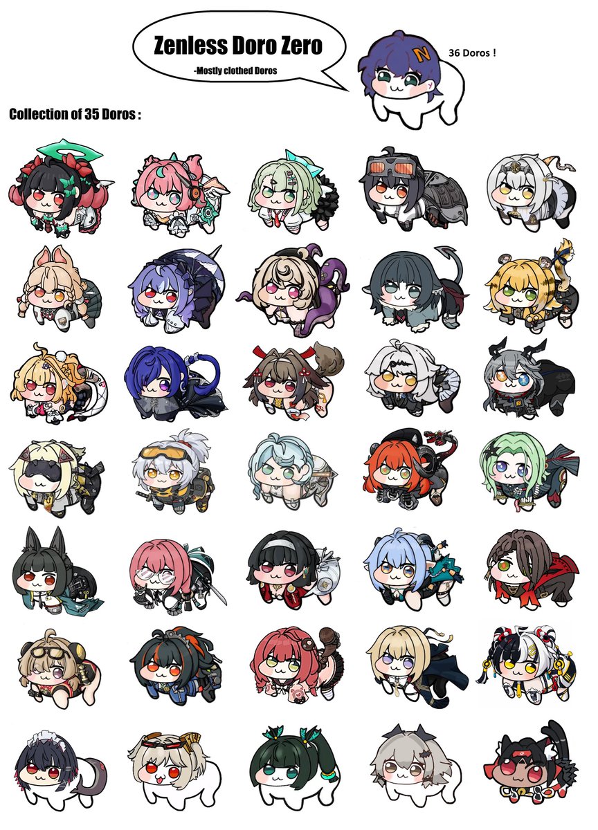#ZenlessZoneZero #ZZZ #Doro 
Enjoy this collection of 36 Doros ! 🍊

All are used regularly on ZZZ subreddits (hard to find the original creators who created each of them, so let's just say it's The Creator.) 💕

I created Sunbringer, Isolde and Sarah. ✨