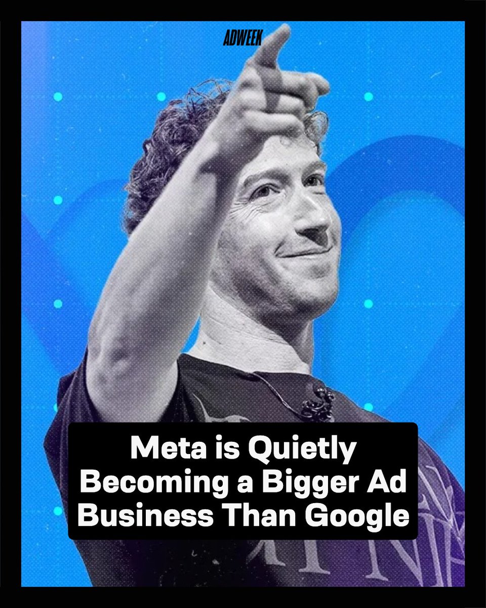 Adweek's tweet image. .@Meta is poised to surpass @Google in digital ad revenue for the first time this year. According to @emarketer, Meta is projected to generate $243.46 billion in global ad revenue in 2026, edging past Google’s $239.54 billion. adweek.it/3Q3NYZi