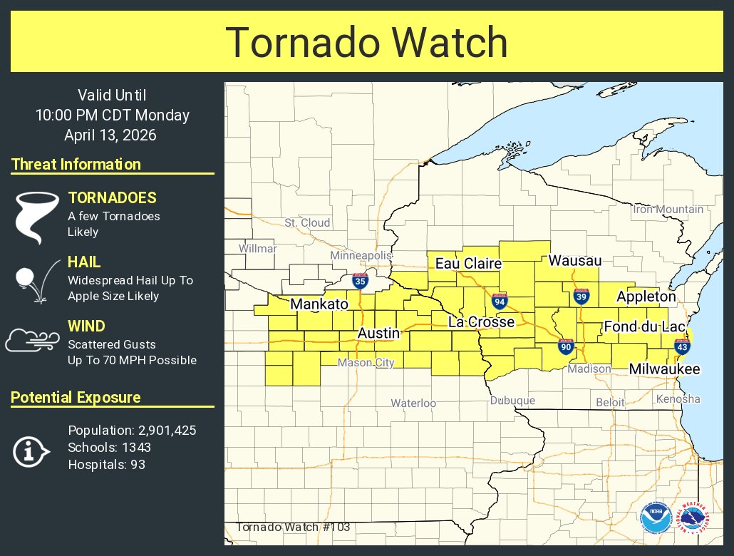 NWSMilwaukee's tweet photo. A tornado watch has been issued for parts of Iowa, Minnesota and Wisconsin until 10 PM CDT https://t.co/QJauEUvqZg