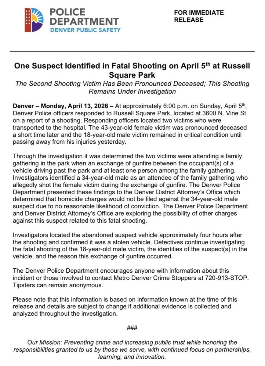 DenverPolice's tweet image. RELEASE: One Suspect Identified in Fatal Shooting on April 5th at Russell
Square Park — The Second Shooting Victim Has Been Pronounced Deceased; This Shooting Remains Under Investigation #Denver