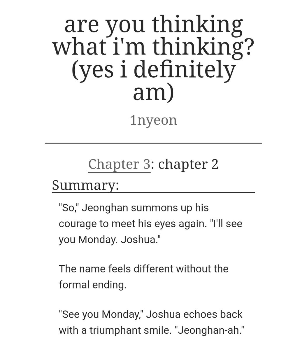 are you thinking what i'm thinking? (yida) — chapter 2 is out! #hongyoon

chapter 2 🖇archiveofourown.org/works/81835236…

He's been keeping Joshua at arm's length for around a month now, convinced it was safer that way. And today only proves him right. Joshua is a dangerously sweet man.