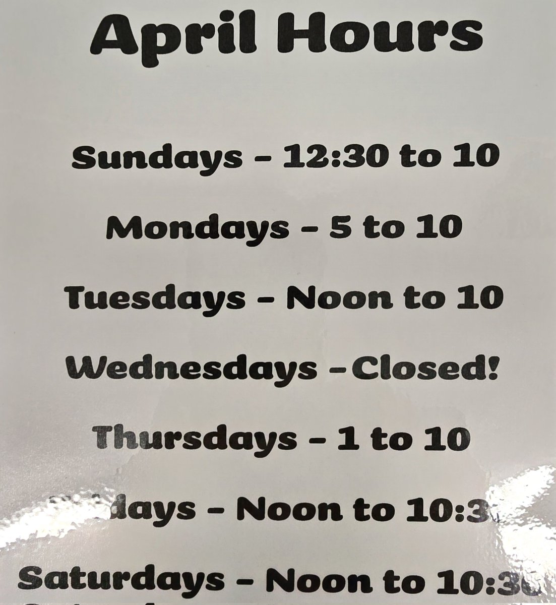 Reminder that we open at 5 on Mondays in April.