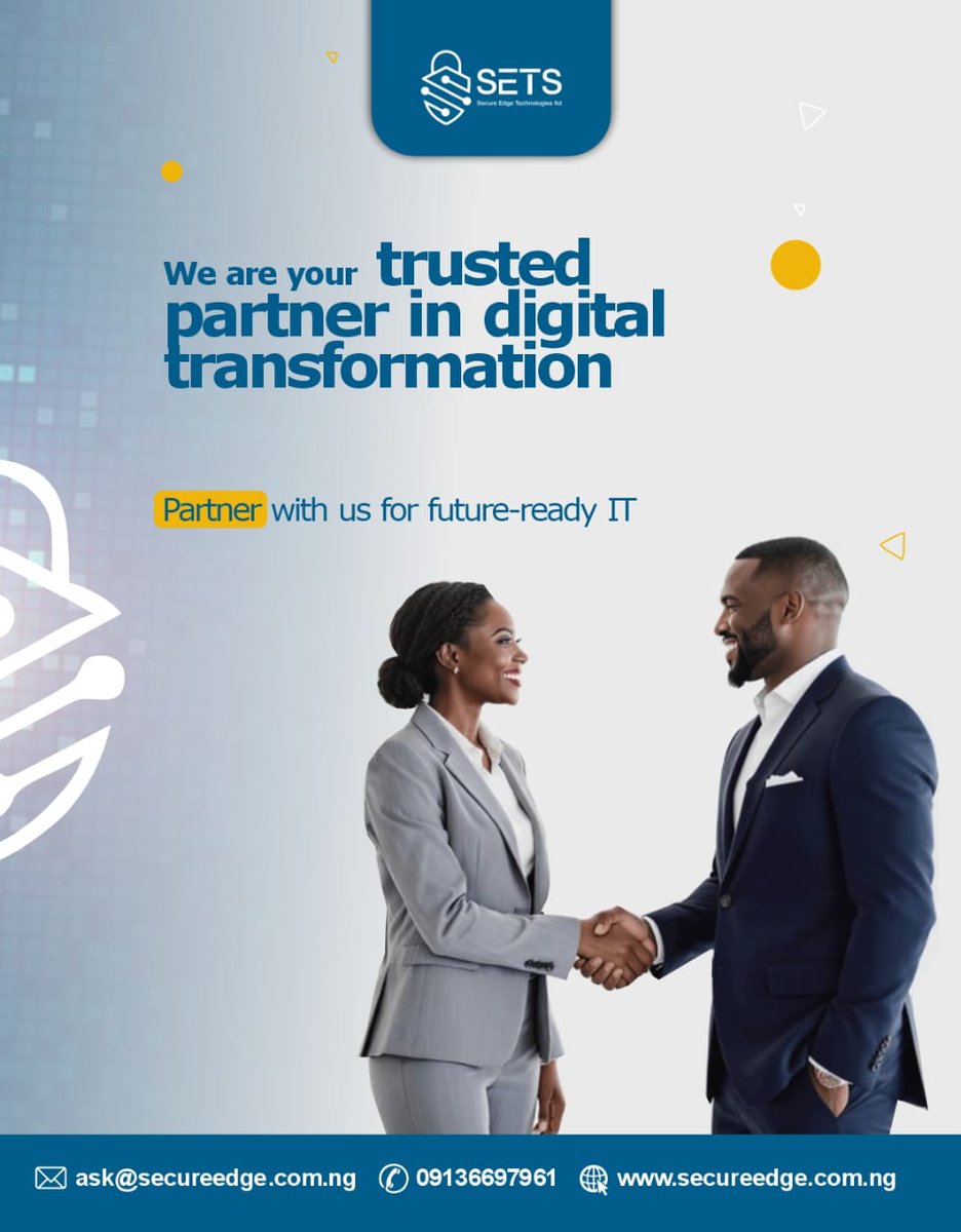 Digital transformation without security is a risk you can’t afford.

Cybersecurity is a shared responsibility and the more systems we secure, the stronger we all become.

Partner with SETS for future-ready IT.

📩 ask@secureedge.com.ng
📞 09136697961
#Digitaltransformation