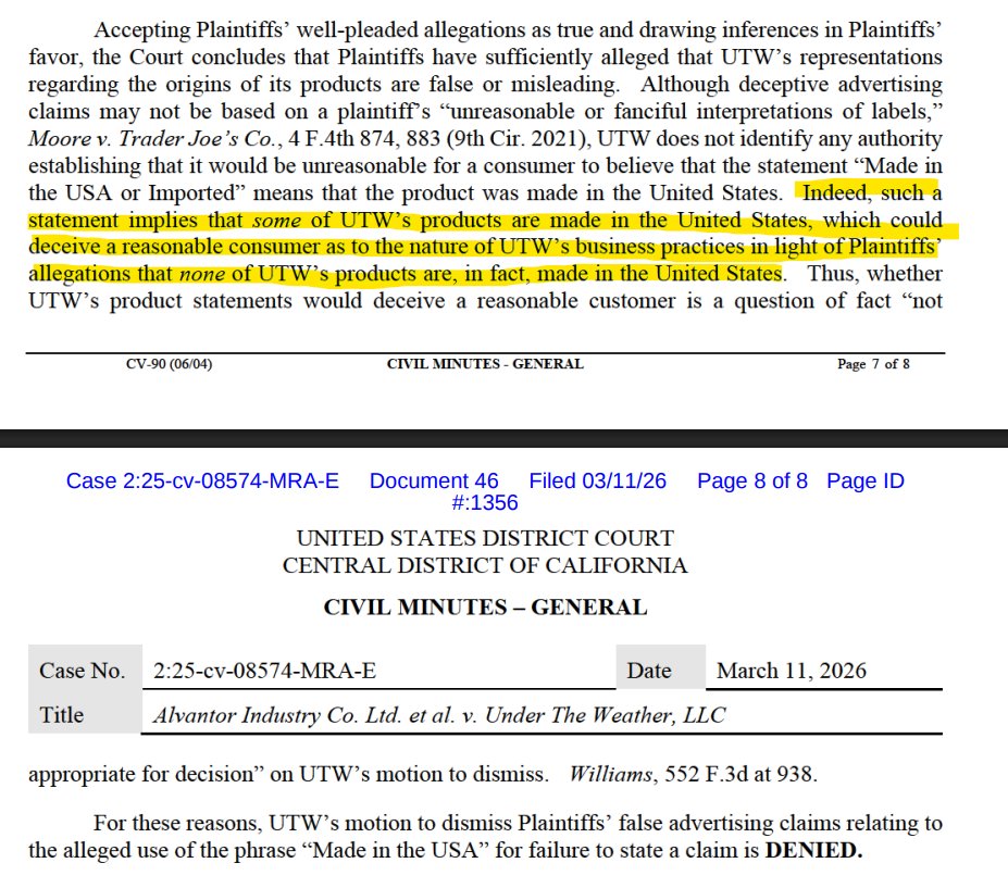 RobertFreundLaw's tweet image. Let's say you want to advertise "Made in the USA," but none of your products are made here.

Can you get around the Made in USA laws by instead saying "Made in the USA or imported"?

Court says no, you can't.

This is one of those examples where asking yourself "am I trying to be