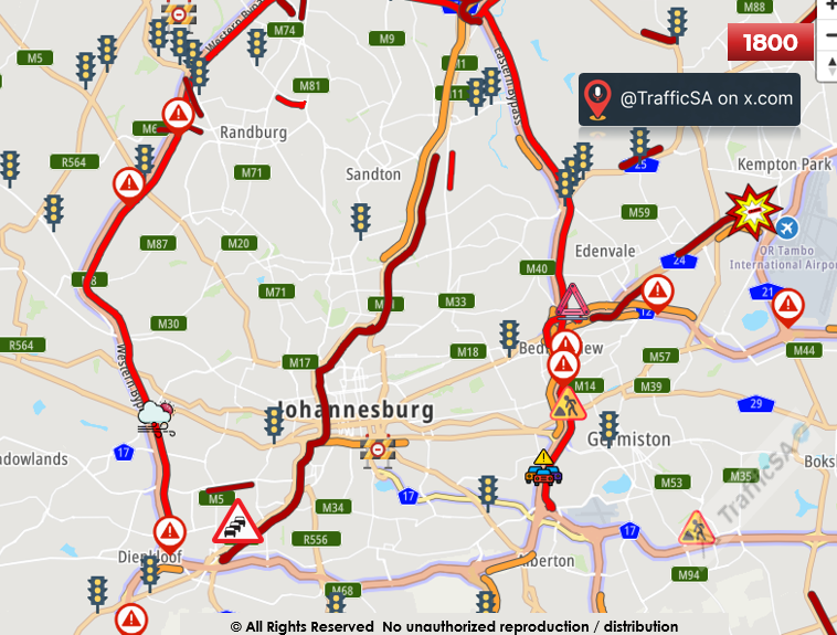 TrafficSA's tweet image. JHB - Volume and Flow 
(M1 south is extra)