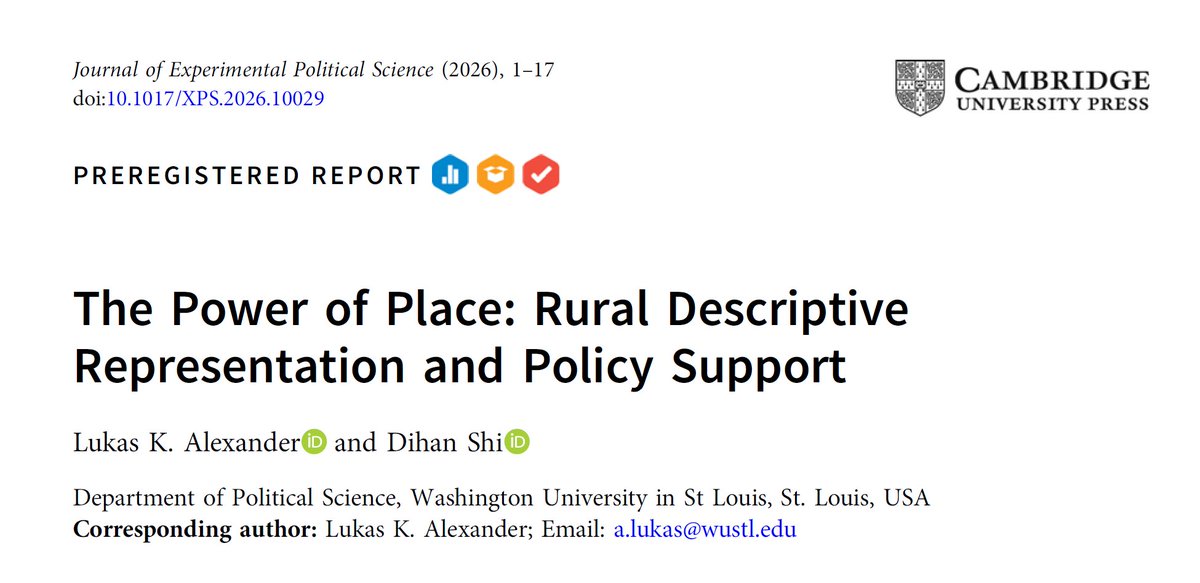 dihan_shi's tweet photo. Very excited to share that my new article with @lukaskalexander is now published in the Journal of Experimental Political Science @CUP_PoliSci! Read our Open Access article here: https://t.co/WkcsZDpKB6

Using a preregistered, original survey experiment, we find that rural Americans exhibit greater support for laws and perceive them as more beneficial to rural communities when proposed by rural state representatives.