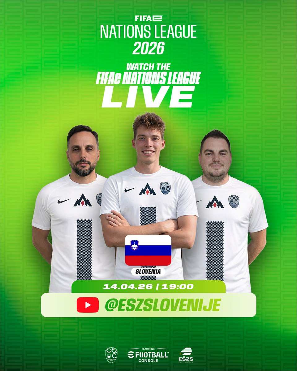 eszslovenije's tweet photo. 🇸🇮 Slovenia is competing in the FIFAe Nations League 2026!

4 matches. All LIVE on YouTube: @eszslovenije 

🕖 19:00 🇮🇱 vs 🇸🇮 🕗 19:30 🇸🇮 vs 🇸🇰 🕗 20:00 🇨🇭 vs 🇸🇮 🕘 21:15 🇸🇮 vs 🇷🇸

▶️ @FIFAe  #FIFAeNationsLeague #srceigra https://t.co/rKfIyho2CZ