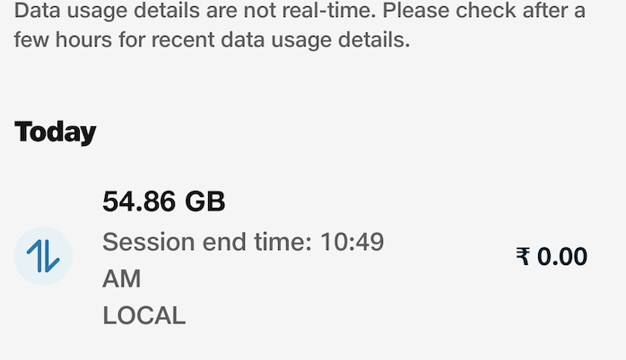 basavarajrp4444's tweet photo. @JioCare @reliancejio @JioCare @reliancejio  Showing false data usage and charging for full service is unacceptable. 54GB was NOT used between 12:00 AM and 10:49 AM, yet it’s shown as consumed. Please correct this immediately. Wrong data usae claim and chargin full amount -- Corruption. https://t.co/GFRj5xPiB4
