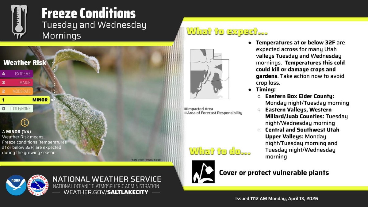NWSSaltLakeCity's tweet image. Many valleys across Utah will see freezing temperatures both Tuesday and Wednesday morning that could damage crops and gardens. Take action now to avoid crop loss. For more information about where and when the freezing temperatures will be, see the graphic. #utwx