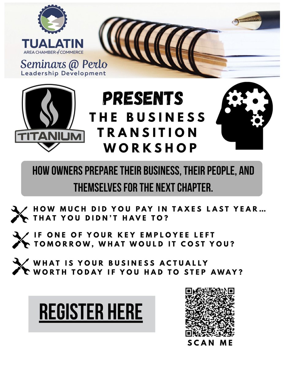 Strong local businesses aren’t an accident. They’re built by owners who plan ahead. This workshop helps create more of them — and a stronger community because of it. 
Join us Thursday, April 30th from 3:00-5:00 PM. Register at tualatinchamber.com/events page.