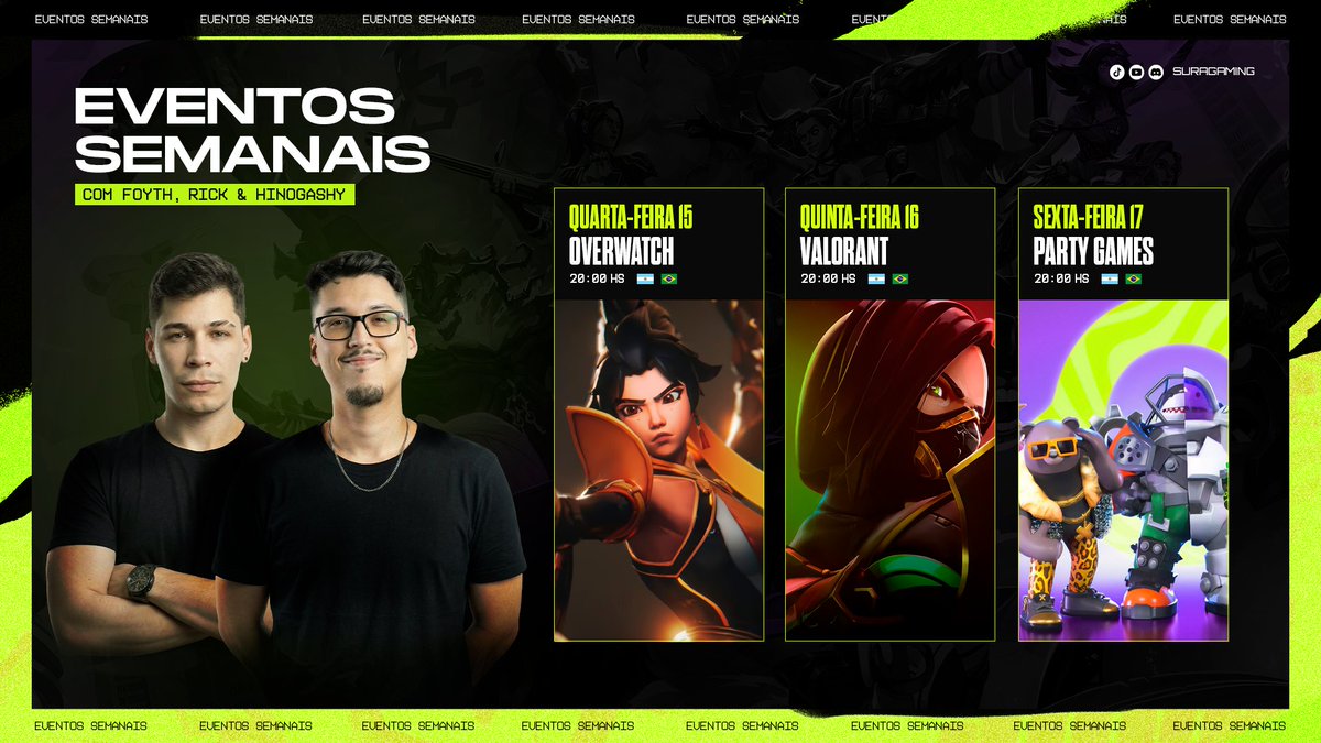 🚨 O carro dos eventos da semana passando na sua porta 

🔫Quarta de Overwatch com o <a href="/FoythTv/">Foyth Tv</a> 
⚔️Quinta com muito Valorant <a href="/rick_cintra/">RickCintra</a> 
🎮Sexta Party Games com a comunidade com um convidado especial <a href="/Hinogashy/">Hinogashy</a>! 

Fique ligado nos canais da Sura para ficar por dentro de tudo!