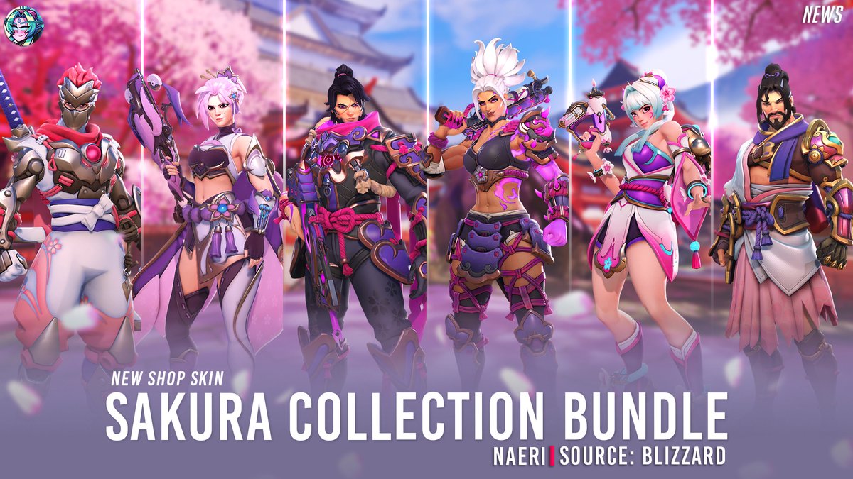 Overwatch New Sakura Theme Legendary Skins 🌸 Tomorrow, new Sakura-themed skins for Genji, Freja, Emre, Junker Queen, Juno, and Hanzo will be released in the #Overwatch Skin Shop ✨
