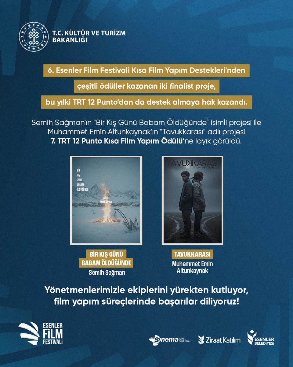 esenlerff's tweet photo. 6. Esenler Film Festivali Kısa Film Yapım Destekleri'nden çeşitli ödüller kazanan iki finalist proje, bu yılki TRT 12 Punto’dan da destek almaya hak kazandı. https://t.co/9tNCAbqp4q