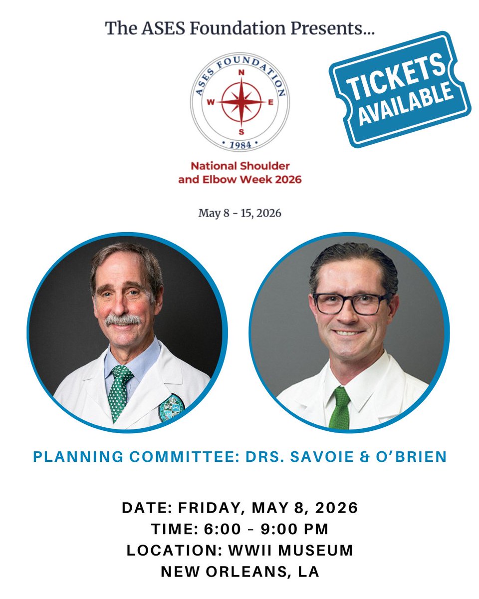 TulaneOrtho's tweet image. New Orleans is a host site for National #Shoulder and #Elbow Week, sponsored by the @ASESmembers. Drs. Buddy Savoie and Mike O'Brien are on the local planning committee. The event on May 8th will highlight injury prevention in #sports. Buy Tickets -&amp;gt; bit.ly/4lrjgFa.