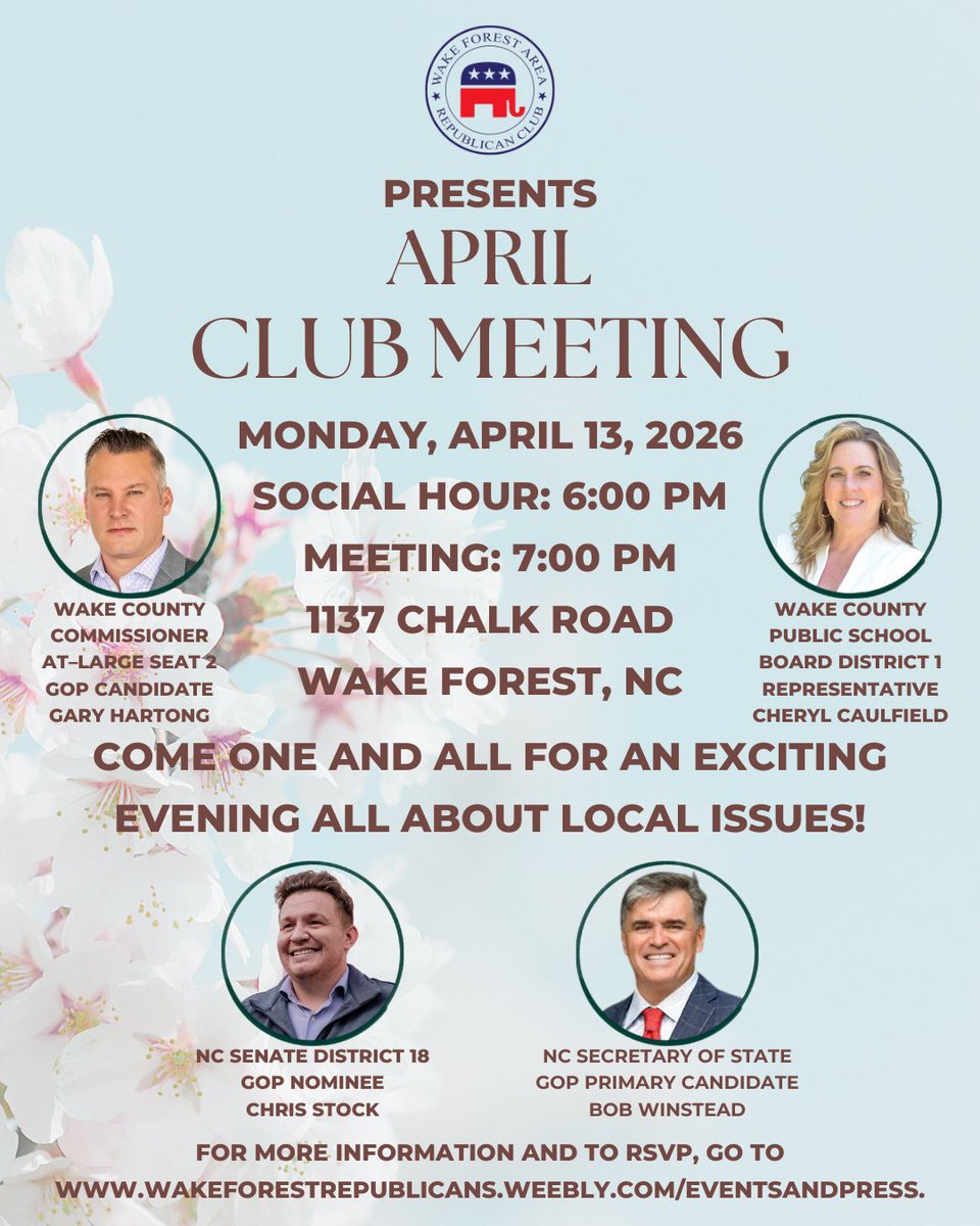WakeForestGOP's tweet photo. Come out to our April Club Meeting tonight! https://t.co/Nv85iWYmwv