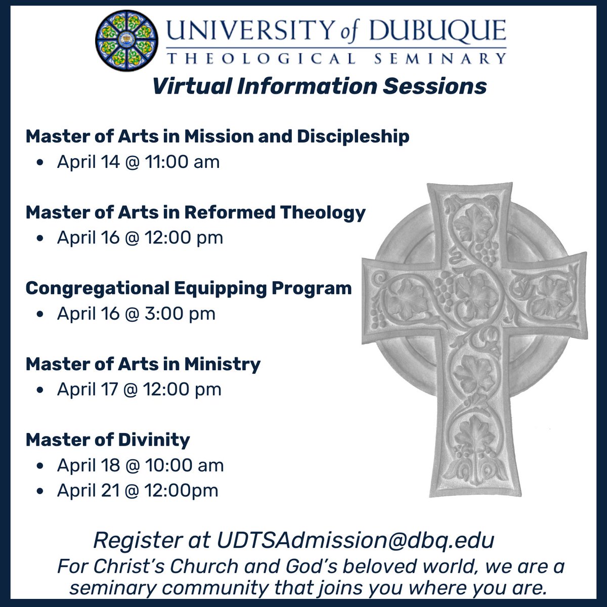 UDSeminary's tweet image. Virtual Information Sessions begin TOMORROW!

These sessions provide the opportunity to discuss the programs on offer, and how we can support your specific journey #whereuare.

Register: UDTSAdmission@dbq.edu

Let’s explore what’s next together!
#UDTS #WhereUAre
