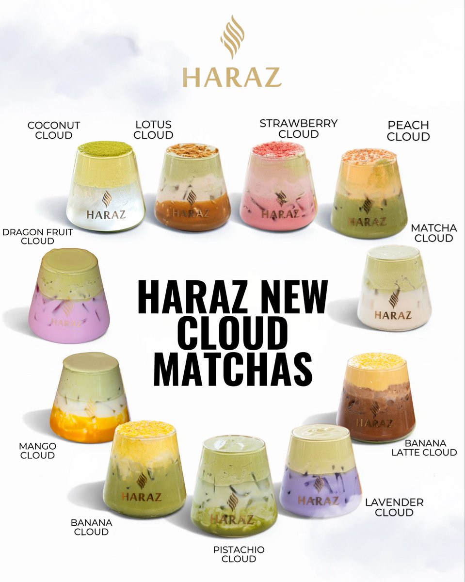 Get ready! 

We wanted to make matcha a little more fun… so we turned it into clouds.

Our NEW Cloud Matcha lineup drops this Wednesday, April 15 at Haraz Coffee House.

From fruity to creamy to bold, every cup is layered, whipped, and crafted to perfection.

Which one are you