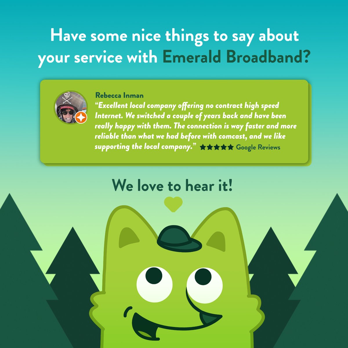 EmeraldFiber's tweet photo. Thanks for the review, Rebecca!

Enjoying your service with Emerald Broadband? Let us know through reviews! 💚

Google Reviews: https://t.co/Qd4fdkj7sC

Facebook Reviews: https://t.co/RkA8h97AMj

Nextdoor Reviews: https://t.co/Ofx6rJYjkH

#eugeneoregon #emeraldbroadband #fibo https://t.co/QTBFBecp4p