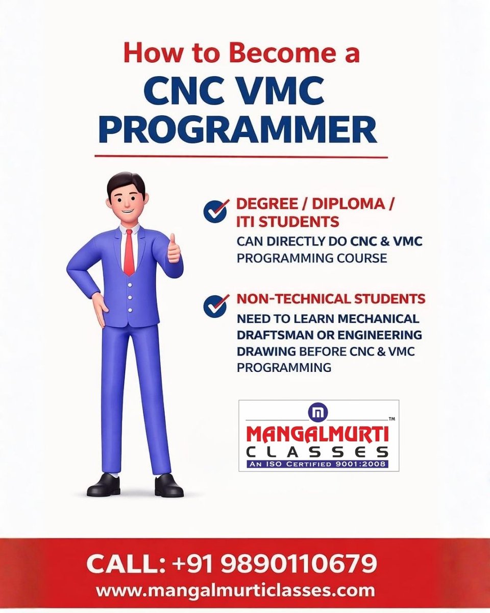 MangalmurtiC's tweet image. 🚀 Build a career in CNC VMC Programming

Degree/Diploma/ITI? Start direct
Non-tech? Begin with basics
High-demand field. Strong growth 💼⚙️

📞 9890110679
🌐 mangalmurticlasses.com

#CNCProgramming #VMC #EngineeringCareers #ITIStudents #DiplomaStudents #LearnCNC