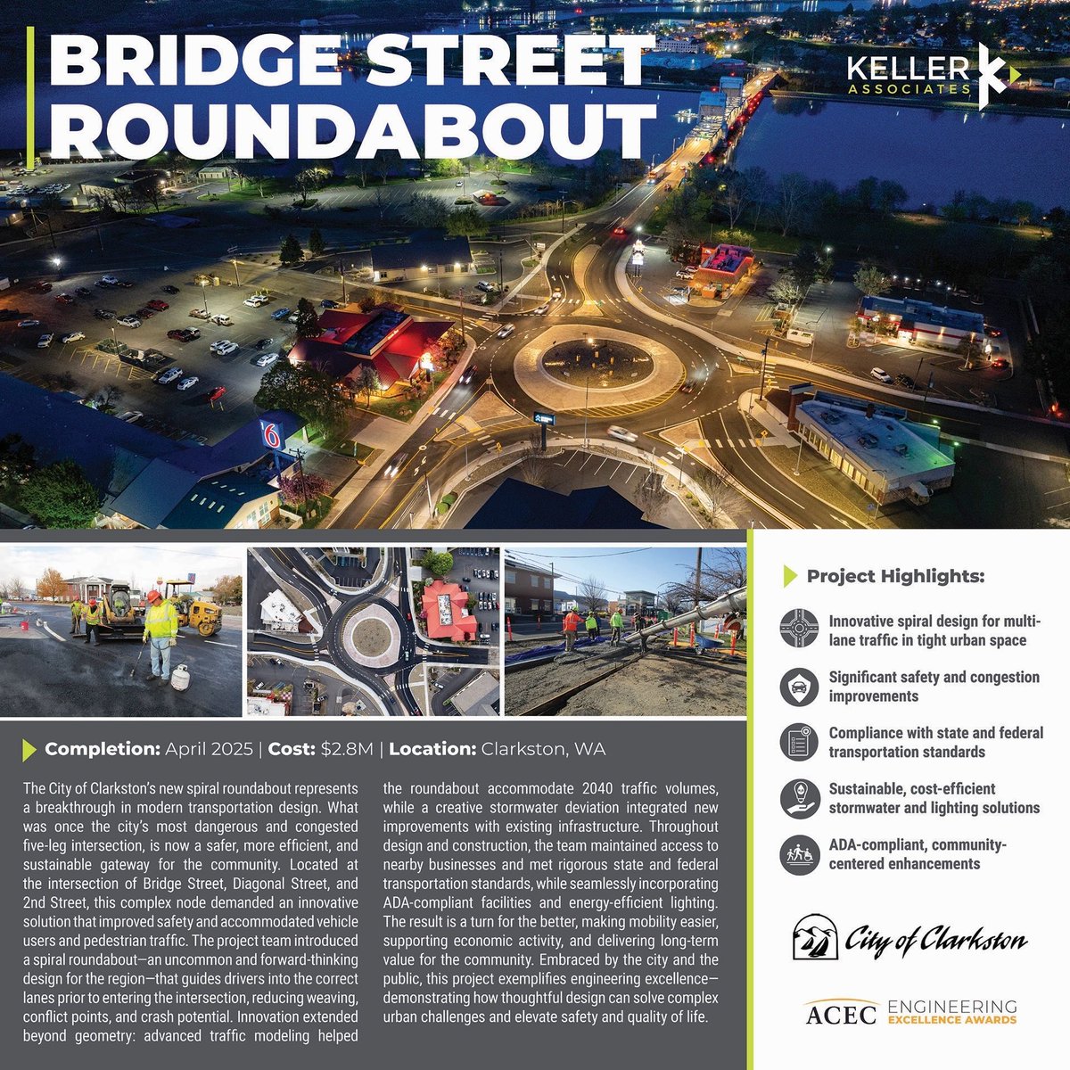 ACECWA's tweet image. ⭐ Keller Associates, your project of the Bridge/Diagonal/2nd Street Roundabout for the City of Clarkston won state bronze at the 2026 ACEC WA EEAs!
 
Other consultants: @_EpicLand @KnifeRvrCorp HWA GeoSciences GPI

#EngineeringExcellence #AEC #construction