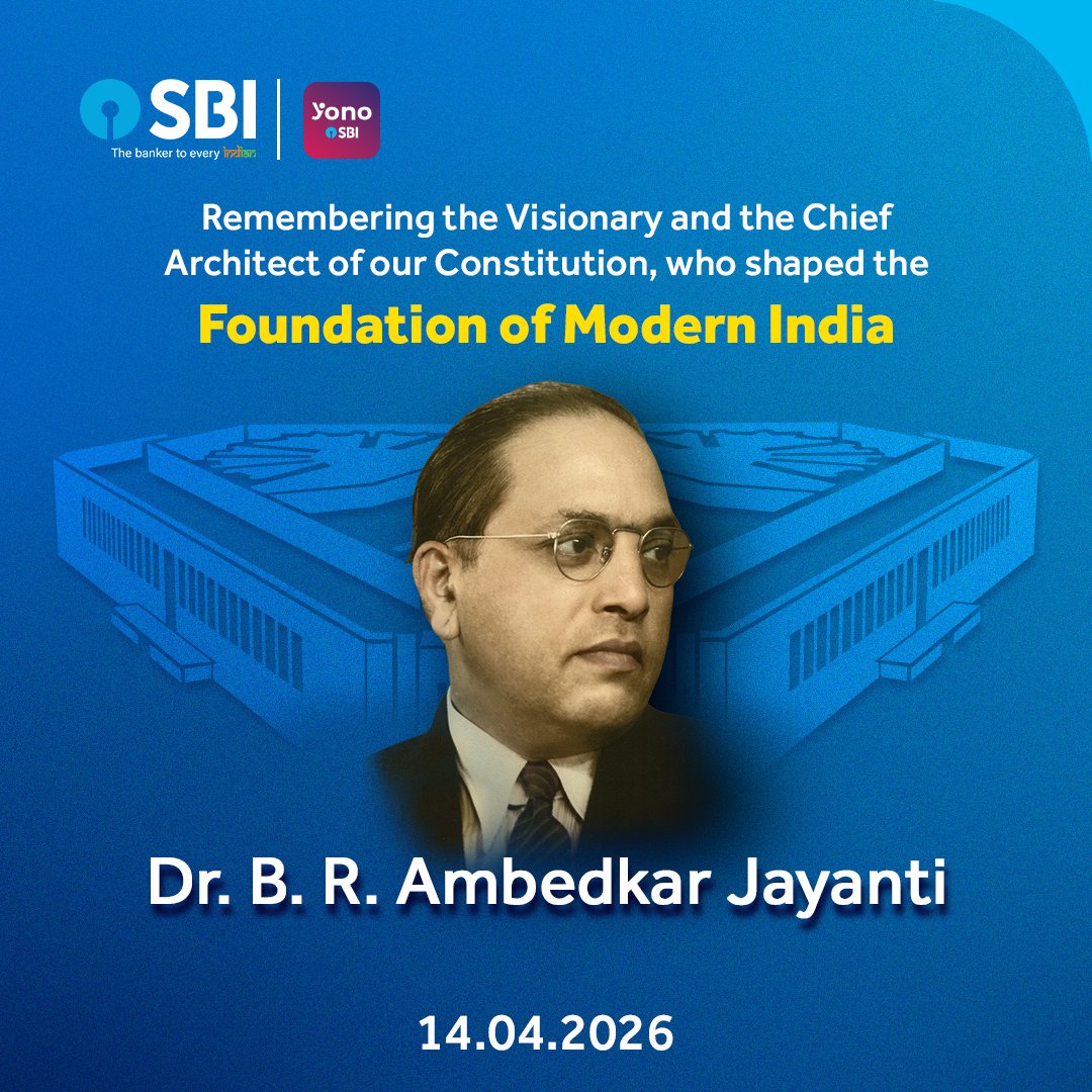 TheOfficialSBI's tweet photo. On his Jayanti today, we honour Dr. B. R. Ambedkar — the Chief Architect of the Indian Constitution, whose vision of justice, equality and empowerment laid the foundation of a progressive and inclusive India.

His ideals continue to inspire generations and guide the nation’s path forward.

Warm greetings on the occasion of Dr. B. R. Ambedkar Jayanti.

#SBI #TheBankerToEveryIndian #AmbedkarJayanti