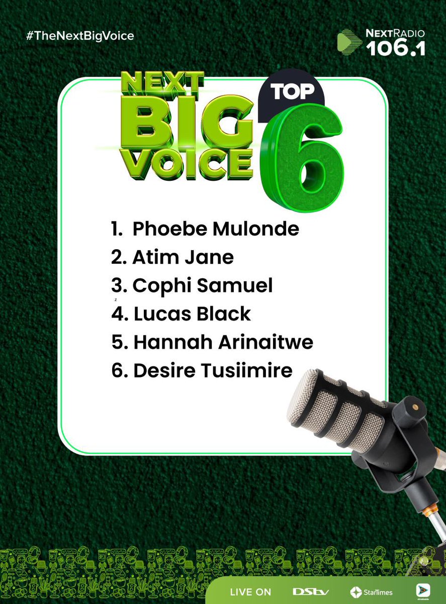 nextradio_ug's tweet photo. TOP 6 ARE IN! 🔥🎙️

From eight strong voices… now down to six, the pressure is real and the stakes are higher than ever on #TheNextBigVoice. 

Who’s ready to own the mic and take it all?

#NextRadioUG #LeadingRadio https://t.co/Z44bRVEOoh