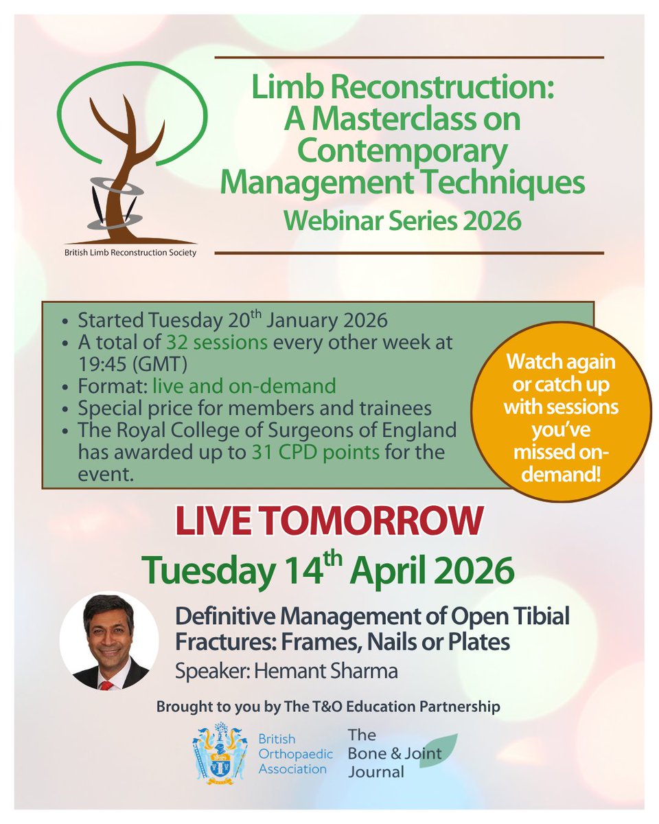 BoneJointJ's tweet image. 📢 Join us online tomorrow night for 'Definitive Management of Open Tibial Fractures' with Mr Hemant Sharma!

Once you're registered for the series, you'll be able to catch up on the last six sessions on-demand as well!

#LimbReconstruction #Ortho #CPD

ow.ly/Cj0a50YI5ia