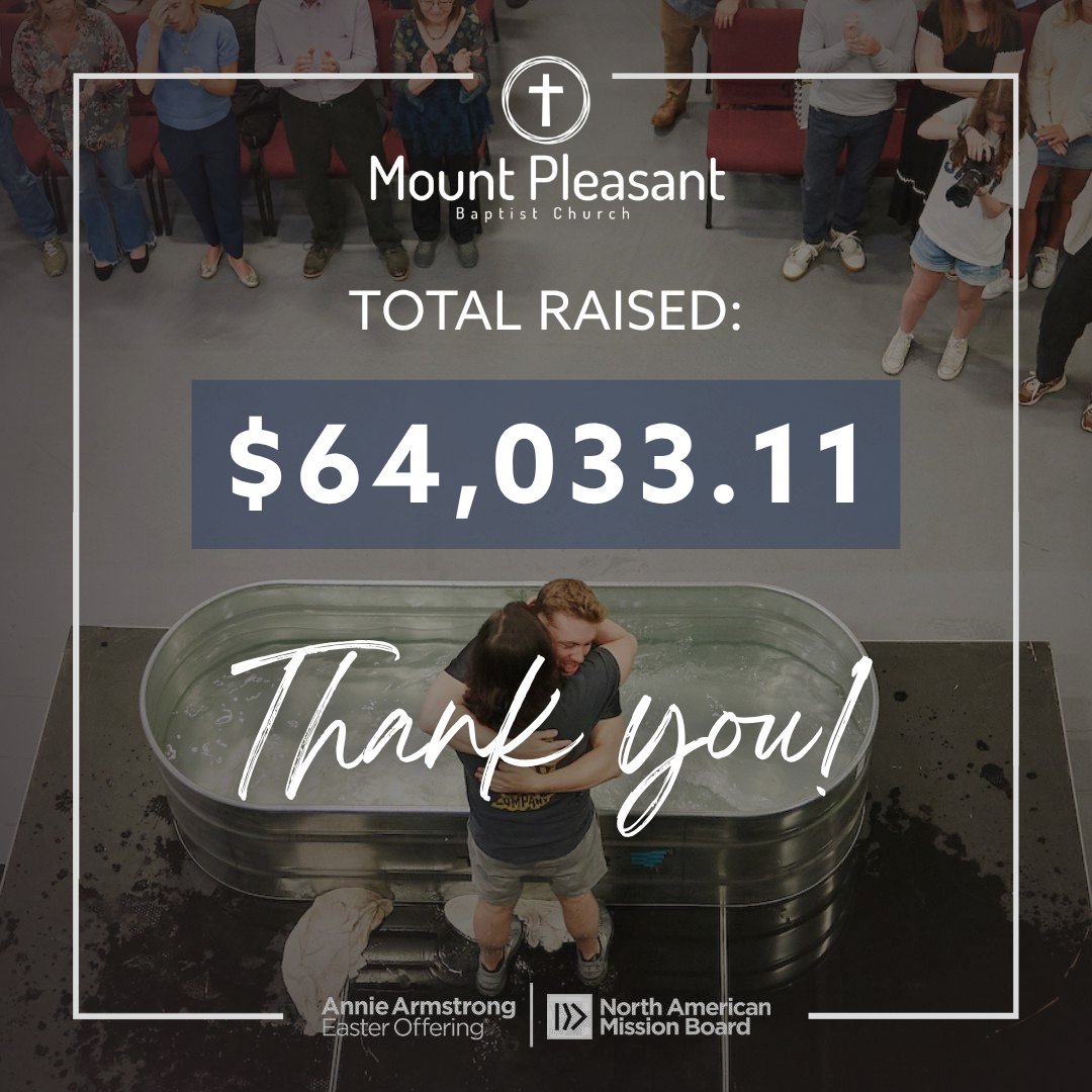 mpbclife's tweet photo. Our Annie Armstrong Easter Offering Goal was $60K.

We brought in a total of $64,033.11!

Thank you for giving boldly and generously. We celebrate that 100% of giving goes towards missionaries, church planters, and kingdom work across North America. https://t.co/0ckBdow1wI
