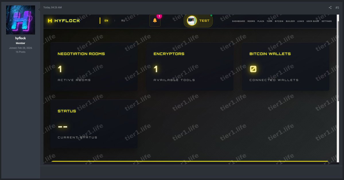 DarkWebInformer's tweet image. ‼️ HYFLOCK RaaS/Panel seen on a popular Russian cybercrime forum

The admin states:

Hyflock is a new ransomware-as-a-service (RaaS) operation positioning itself as a competitor to LockBit.

Key highlights from their pitch to potential affiliates:

Their Windows encryptor is